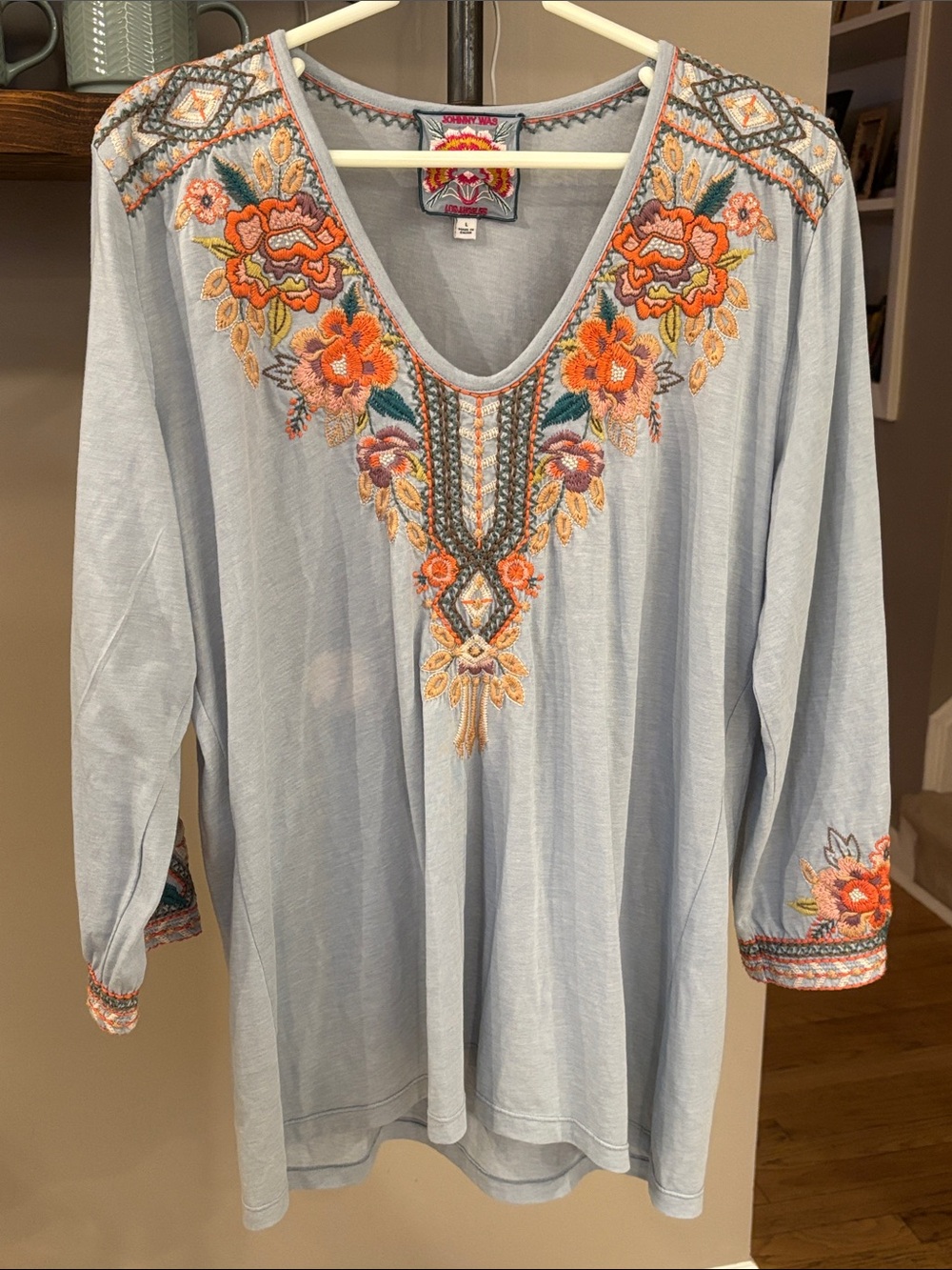 Johnny Was Embroidered Boho Tunic Top L Blue Floral 3/4 Sleeve Style J12319-GS